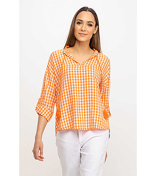 Памучна дамска блуза на каре в оранжево и бяло снимка