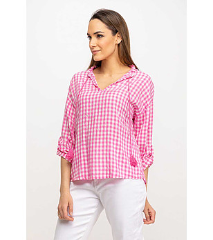 Памучна дамска блуза на каре в розово и бяло снимка