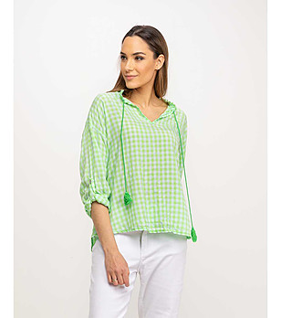 Памучна дамска блуза на каре в зелено и бяло снимка