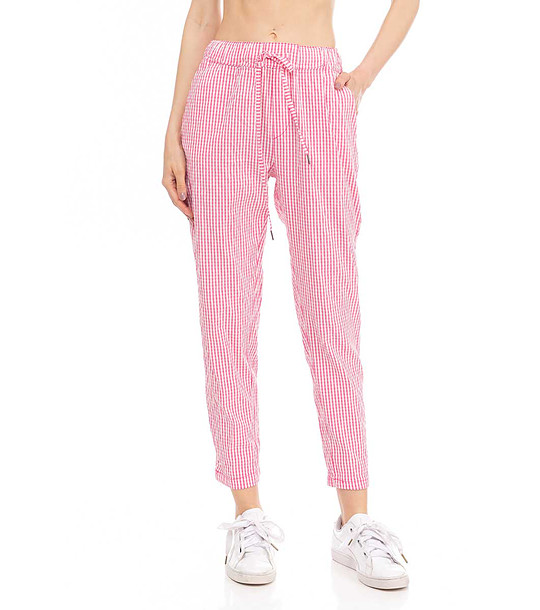 Дамски панталон на каре в розово и бяло снимка