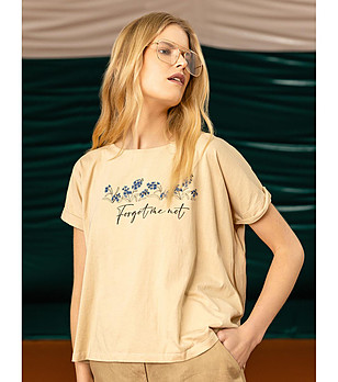 Бежова памучна дамска блуза с принт  Dona снимка