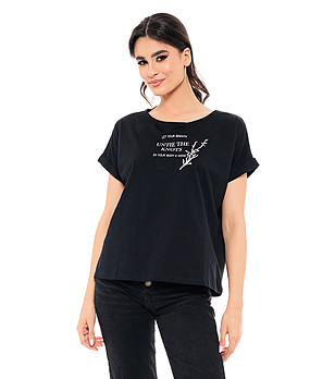 Черна дамска памучна тениска с принт Havana снимка