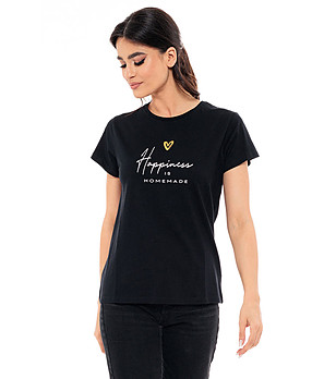 Дамска памучна тениска с принт Linala в черен цвят снимка
