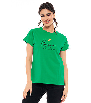Дамска памучна тениска с принт Linala в зелен нюанс снимка