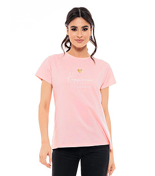 Дамска розова памучна тениска с принт Linala снимка
