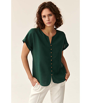 Тъмнозелена дамска риза с лен Samanto снимка