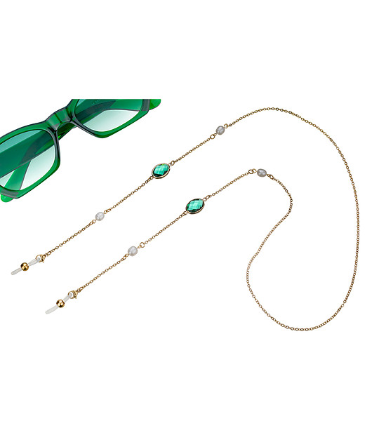 Верижка за очила в златисто с перли и зелени камъни Mia снимка