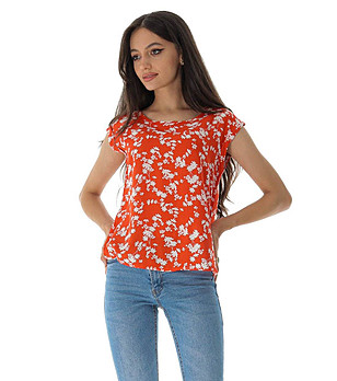 Дамска блуза в оранжево с флорални мотиви Scarlet снимка