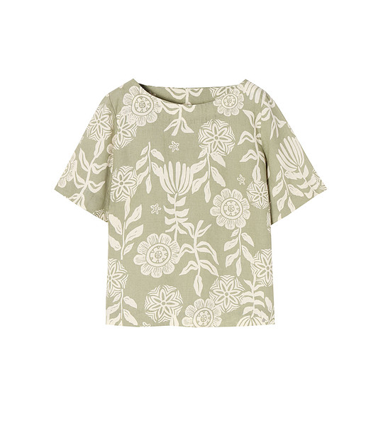 Дамска ленена блуза в цвят каки с флорален принт снимка