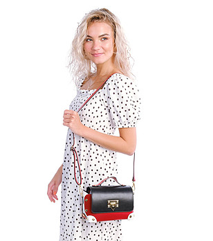 Дамска кожена чанта в черно, червено и бяло Nevona снимка