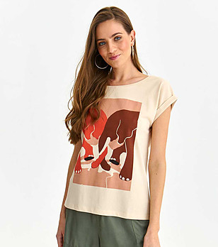 Дамска памучна бежова тениска с щампа Izala снимка