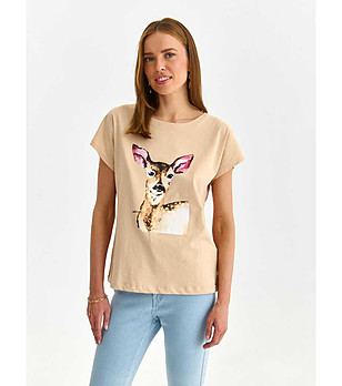 Памучна бежова дамска тениска Luxa снимка