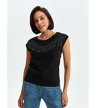 Черна дамска памучна тениска с камъчета Nilisa снимка