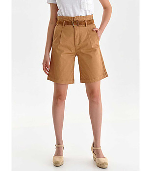 Бежови памучни дамски къси панталонки с висока талия Aria снимка