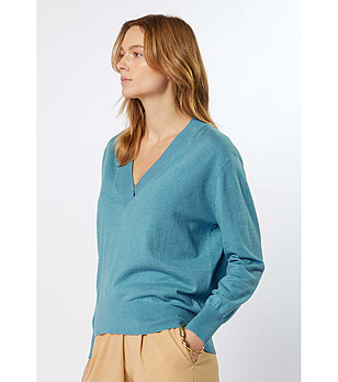 Oversize дамска блуза с памук в синьо-зелен нюанс Sini снимка