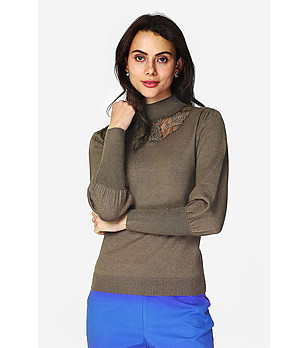 Кафяв дамски пуловер с дантела Mireille снимка