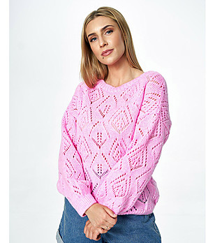 Розов ажурен дамски пуловер Sarina снимка
