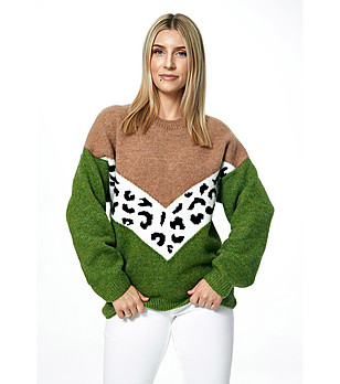 Дамски пуловер в зелено и кафяво Sisi снимка