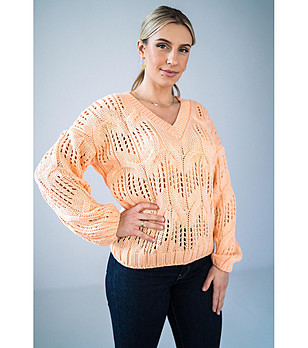 Дамски ажурен пуловер в цвят сьомга Iria снимка