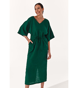 Тъмнозелена ленена рокля с колан Omari снимка