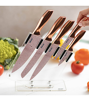 Комплект кухненски ножове в розовозлатисто с поставка StoneRose снимка