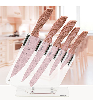 Комплект кухненски ножове в кафяво с поставка StoneRose снимка