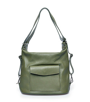 Дамска кожена чанта-раница в зелен нюанс Alliz снимка