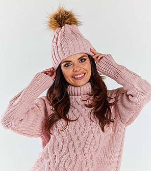 Розова дамска шапка с кафяв помпон Irra снимка