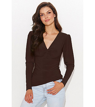 Дамска тъмнокафява блуза с буфан ръкави Claret снимка