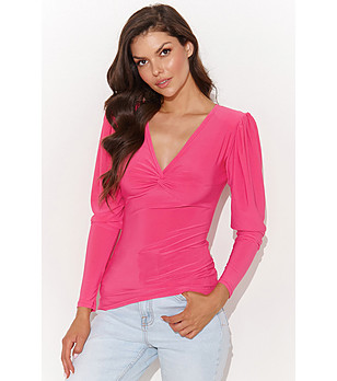 Дамска розова блуза с буфан ръкави Claret снимка