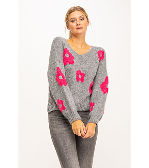 Дамски oversize пуловер в сиво на розови цветя Alita снимка