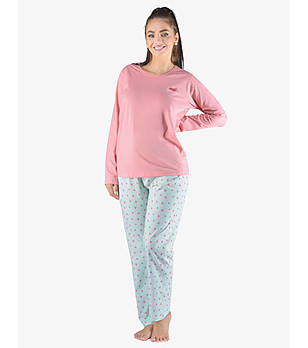 Дамска памучна пижама в розово и цвят мента снимка