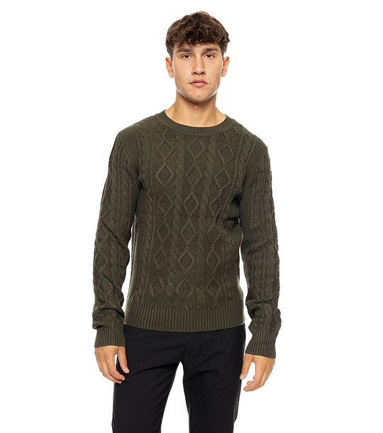 Мъжки пуловер в цвят каки с плетеници Abner снимка