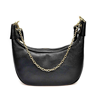 Дамска кожена чанта с верижка в златисто в черен цвят снимка