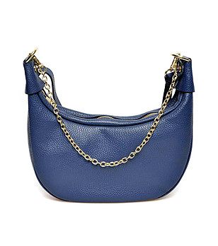 Дамска кожена чанта с верижка в златисто в син нюанс снимка
