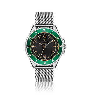 Сребрист мъжки часовник със зелен безел Baden снимка