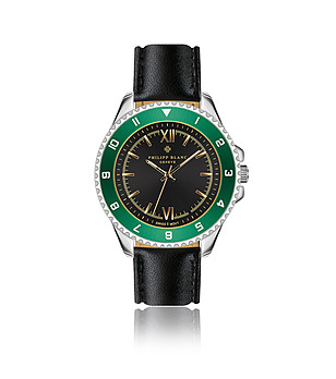 Сребрист мъжки часовник със зелен безел и черна каишка Baden снимка