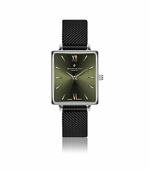 Сребрист дамски часовник с черна верижка и тъмнозелен циферблат Morges снимка