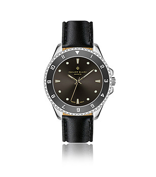 Сребрист дамски часовник с черна кожена каишка Wengen снимка