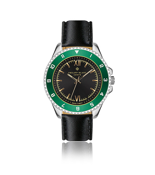 Сребрист мъжки часовник със зелен безел и черна каишка Baden снимка