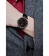 Сребрист unisex часовник с черна кожена каишка Nyon-1 снимка