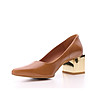 Дамски кожени кафяви обувки със златист ток Gladis-4 снимка
