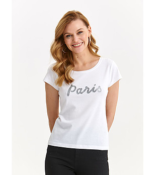 Памучна бяла дамска тениска с надпис Paris снимка