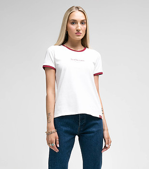 Бяла памучна тениска с червени кантове Norbia снимка