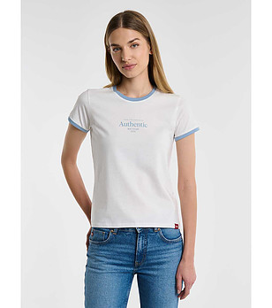 Памучна бяла тениска със сини кантове Norbia снимка