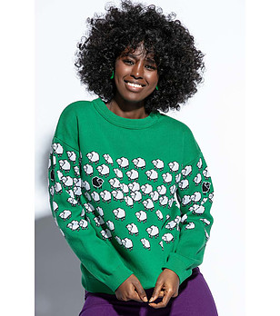 Зелен дамски памучен пуловер с мотиви Черната овца снимка