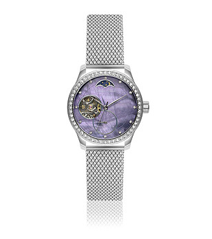 Сребрист дамски часовник в лилав циферблат и камъчета снимка
