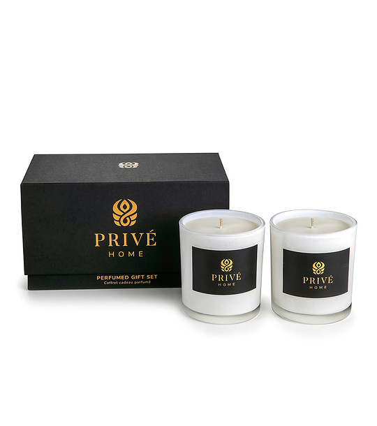 Комплект от 2 броя бели ароматни свещи в кутия Safran-Ambre Noir и Black Wood снимка