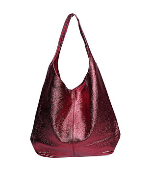 Червена дамска чанта от естествена кожа с металик ефект Dili снимка