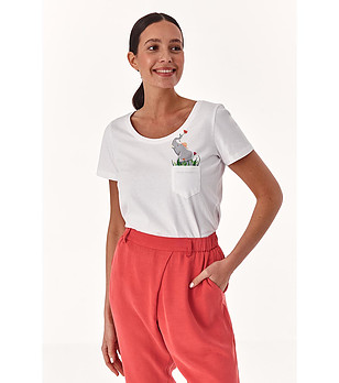 Бяла дамска тениска от органичен памук с щампа слонче Stena 1 снимка